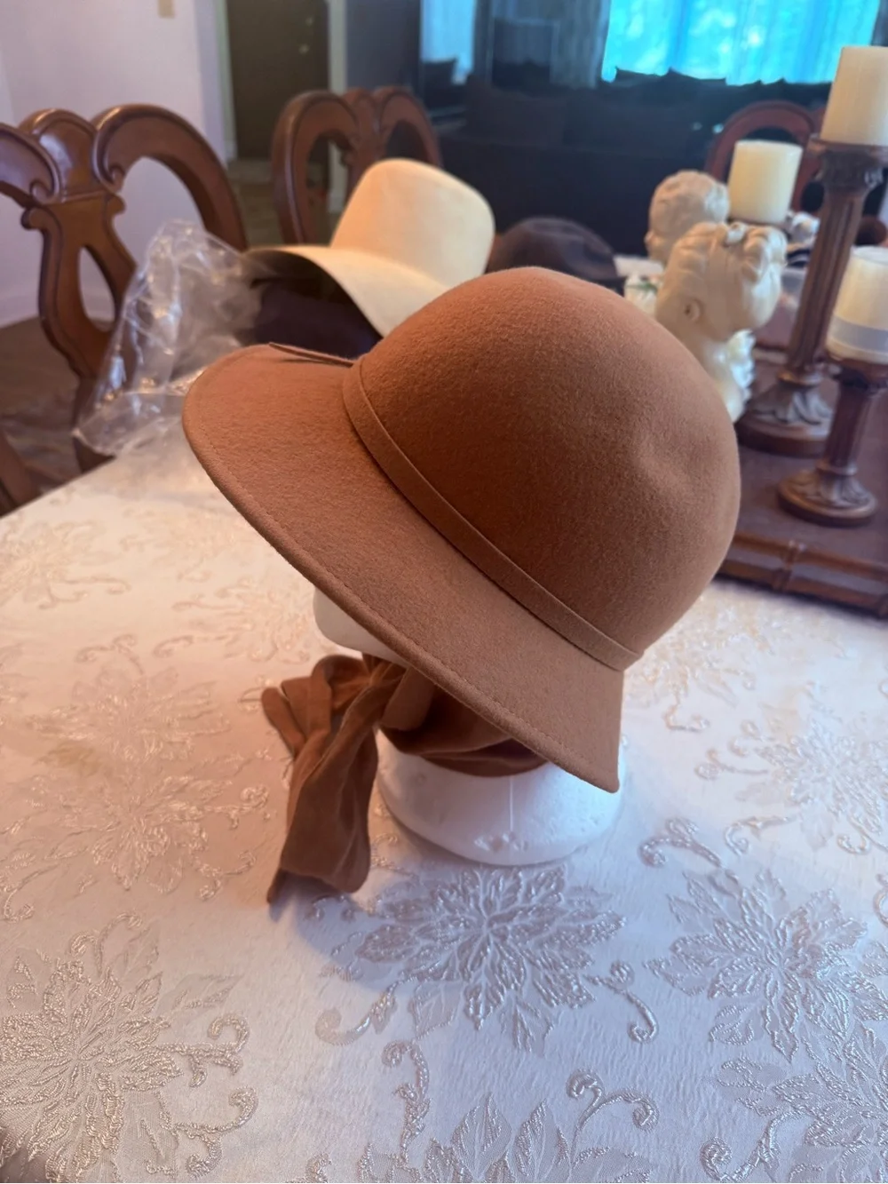 Womens Tan Wool Cloche Hat with Ties